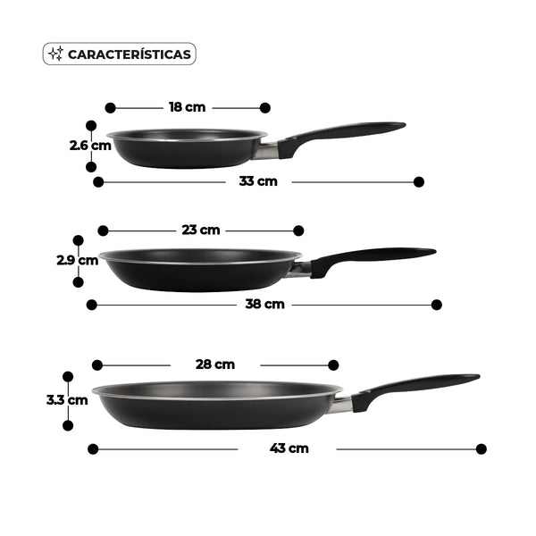 Queen Sense Set 3 Sartenes Antiadherentes De Carbón 18 23 Y 28cm