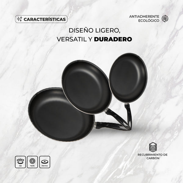 Queen Sense Set 3 Sartenes Antiadherentes De Carbón 18 23 Y 28cm