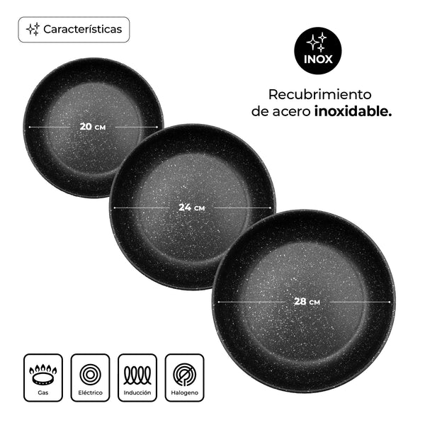 Queen Sense Set 3 Sartenes De Acero Inoxidable Antiadherente Y Mango Desmontable