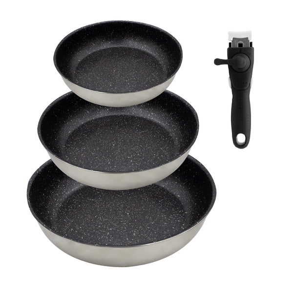 queen sense Set 3 Sartenes De Acero Inoxidable Antiadherente y Mango Desmontable