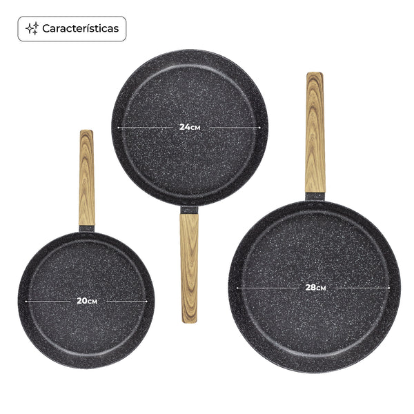 Queen Sense Set 3 Sartenes Mármol Roma Antiadherente Inducción