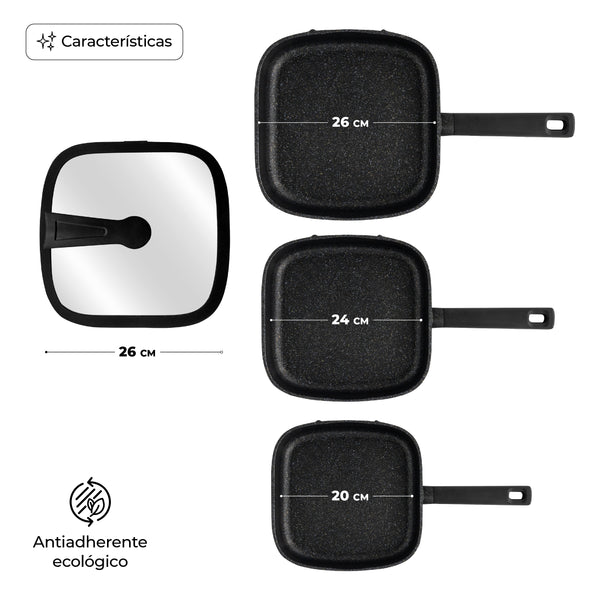 Queen Sense Set De 3 Sartenes Cuadrados De Mármol Antiadherentes Con Tapa