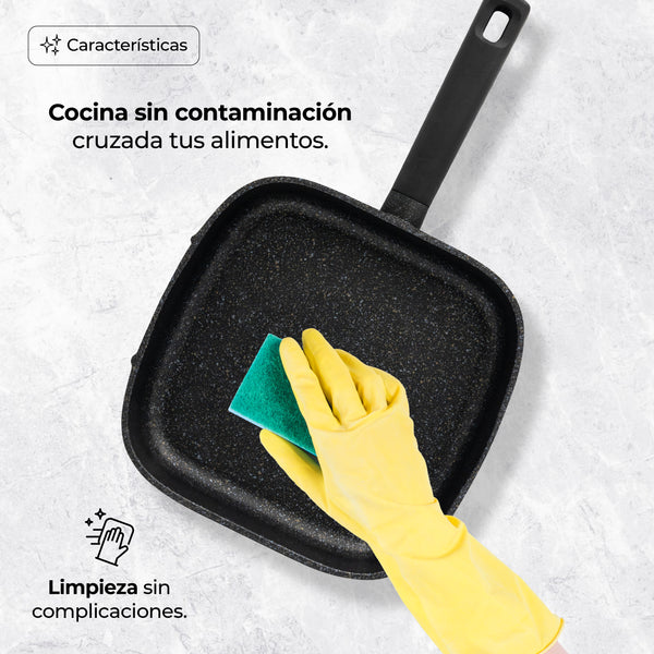Queen Sense Set De 3 Sartenes Cuadrados De Mármol Antiadherentes Con Tapa