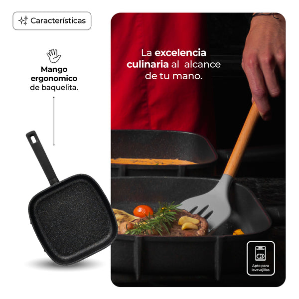 Queen Sense Set De 3 Sartenes Cuadrados De Mármol Antiadherentes Con Tapa