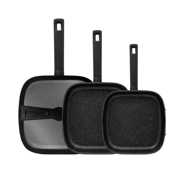 queen sense Set de 3 Sartenes Cuadrados de Mármol Antiadherentes con Tapa
