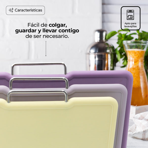 Queen Sense Set De 3 Tablas Para Picar Con Agarraderas De Metal Y Base