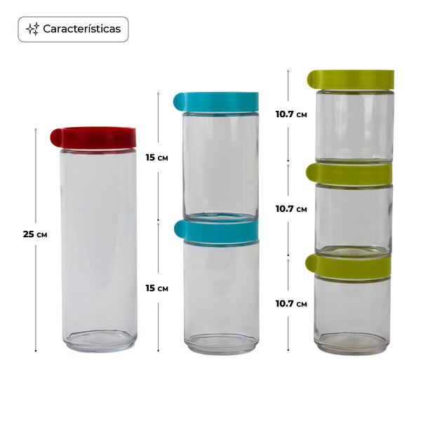 Queen Sense Set De 6 Contenedores Apilables De Vidrio Para Alimentos