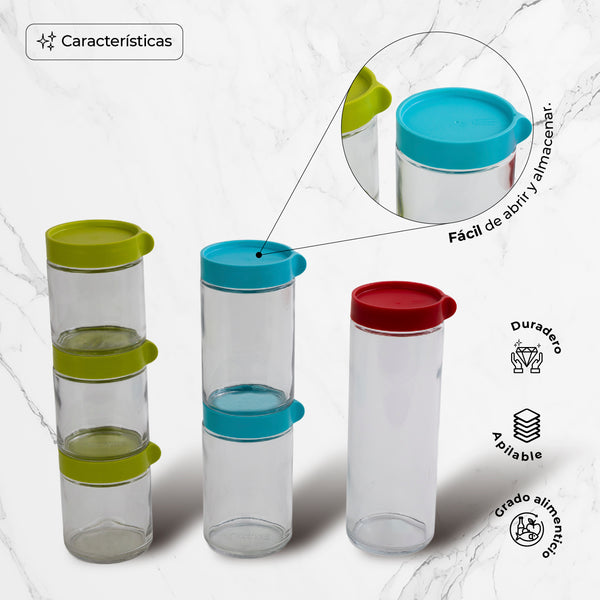 Queen Sense Set De 6 Contenedores Apilables De Vidrio Para Alimentos