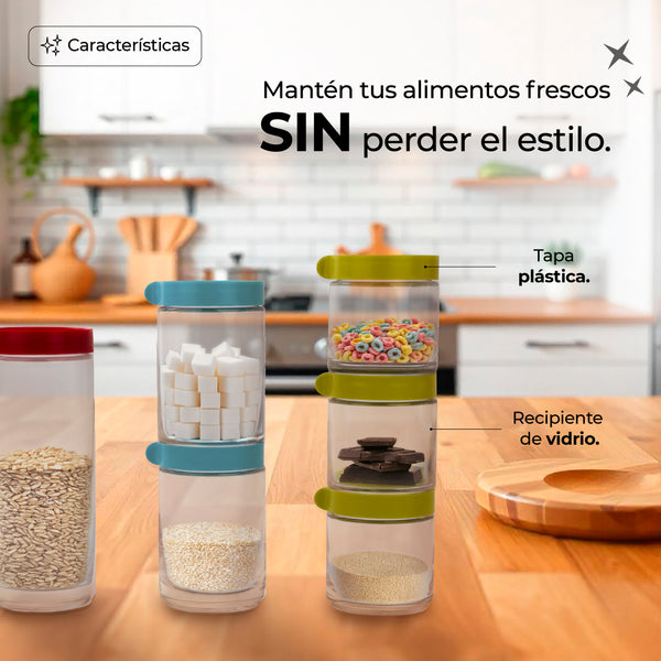 Queen Sense Set De 6 Contenedores Apilables De Vidrio Para Alimentos