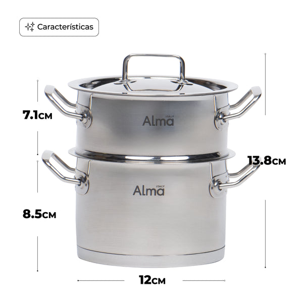 Queen Sense Set Mini Ollas Acero Inoxidable Doble Alma Vaporera 12CM