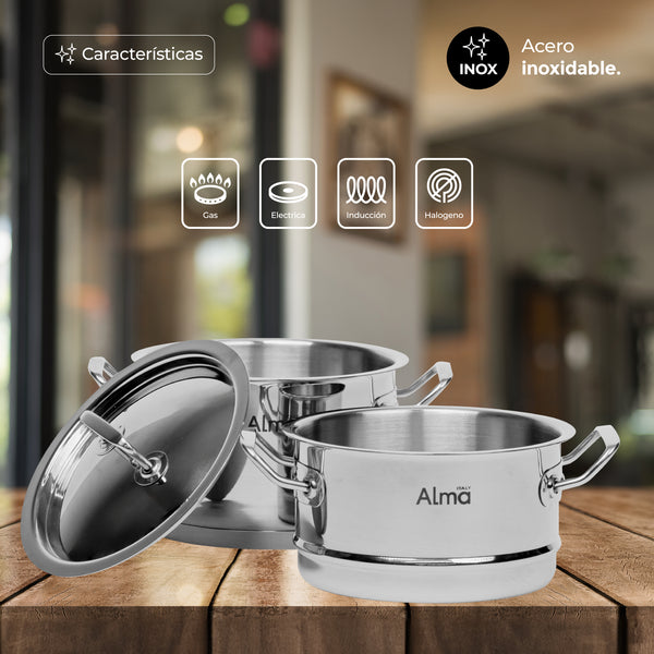 Queen Sense Set Mini Ollas Acero Inoxidable Doble Alma Vaporera 12CM