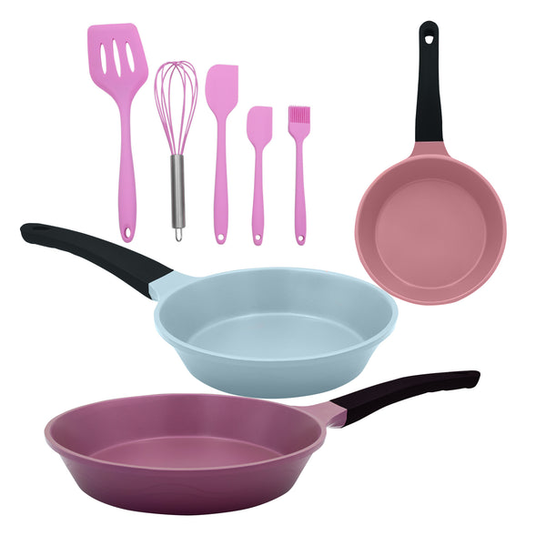 queen sense Set Sartenes Antiadherentes De Colores Con Utensilios Silicon