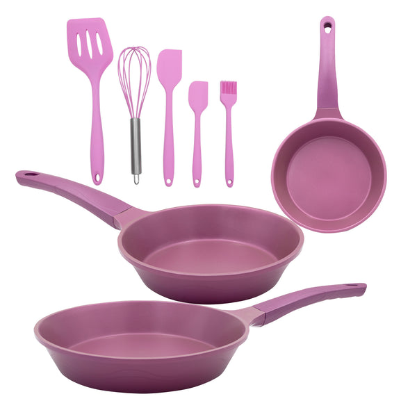 queen sense Set Sartenes de Induccion Morados Con Utensilios de Silicon