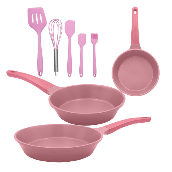 queen sense Set Sartenes de Induccion Rosas Con Utensilios de Silicon