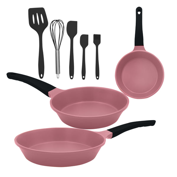 queen sense Set Sartenes Rosas Antiadherentes Con Utensilios Silicon