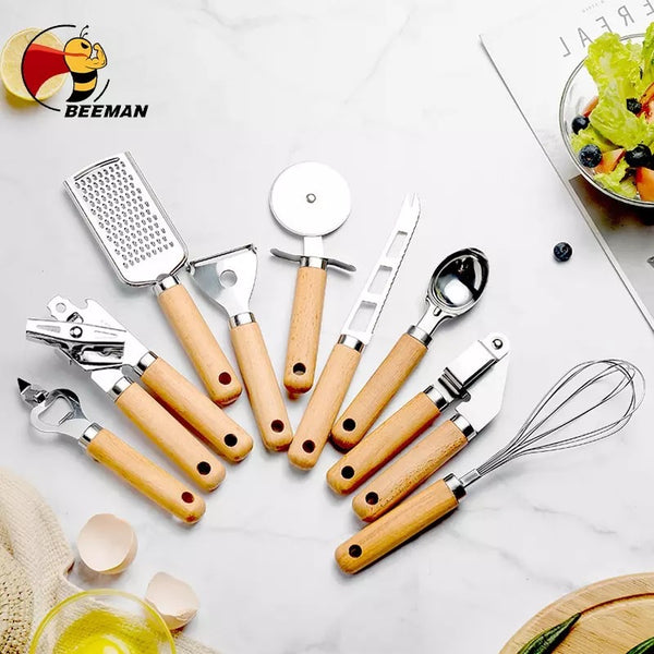 Queen Sense Utensilios De Madera-Acero Inox 9 Piezas