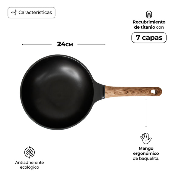 Queen Sense Wok Sartén Antiadherente Titanio Inducción 24cm Azul