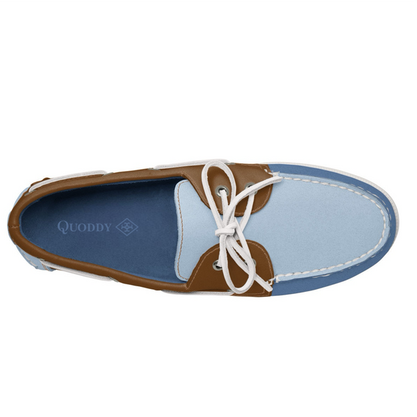 Quoddy Men’s 2 Eyelet LE Boat Shoe: Blue/Lt Blue/Brown