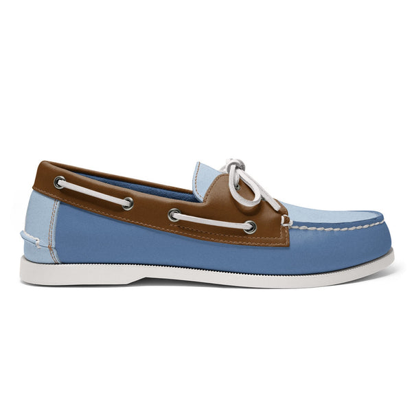quoddy Men’s 2 Eyelet LE Boat Shoe: Blue/Lt Blue/Brown