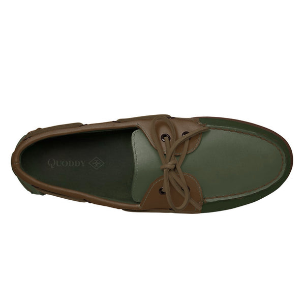 Quoddy Men’s 2 Eyelet LE Boat Shoe: Dk Green/Brown Brick