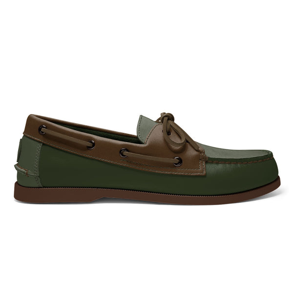 quoddy Men’s 2 Eyelet LE Boat Shoe: Dk Green/Brown Brick