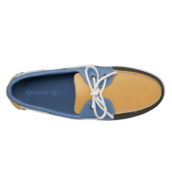 Quoddy Men’s 2 Eyelet LE Boat Shoe: Dk Grey/ Gold/Blue