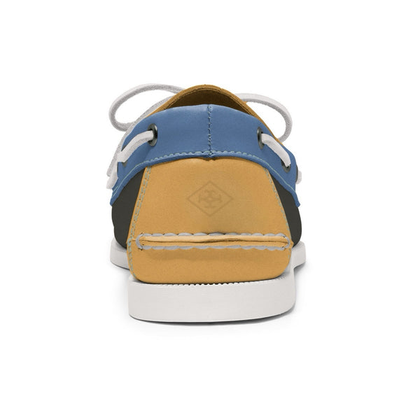 Quoddy Men’s 2 Eyelet LE Boat Shoe: Dk Grey/ Gold/Blue