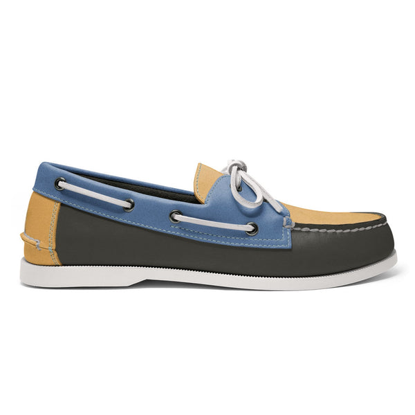 quoddy Men’s 2 Eyelet LE Boat Shoe: Dk Grey/ Gold/Blue