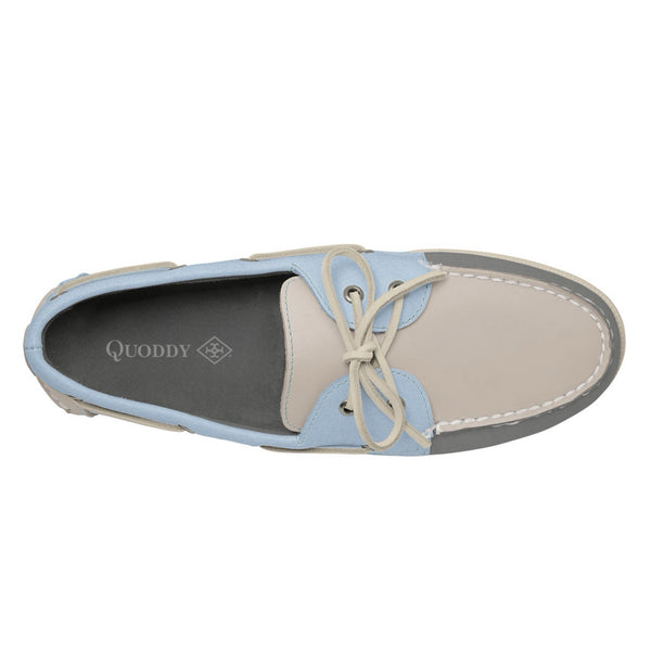 Quoddy Men’s 2 Eyelet LE Boat Shoe: Grey/Ivory/Lt Blue