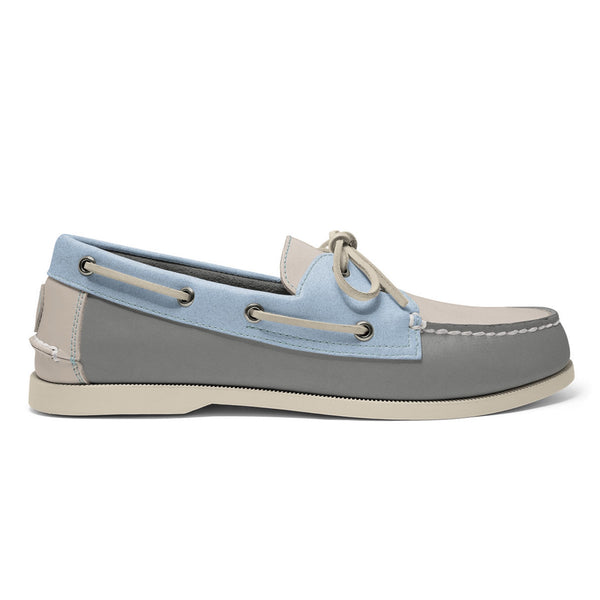 quoddy Men’s 2 Eyelet LE Boat Shoe: Grey/Ivory/Lt Blue