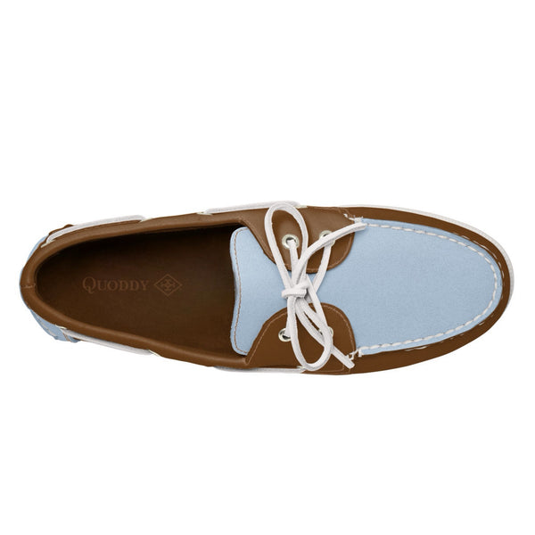 Quoddy Men’s 2 Eyelet LE Boat Shoe: Lt Brown/Lt Blue