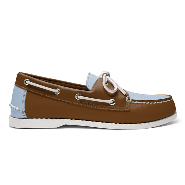 quoddy Men’s 2 Eyelet LE Boat Shoe: Lt Brown/Lt Blue