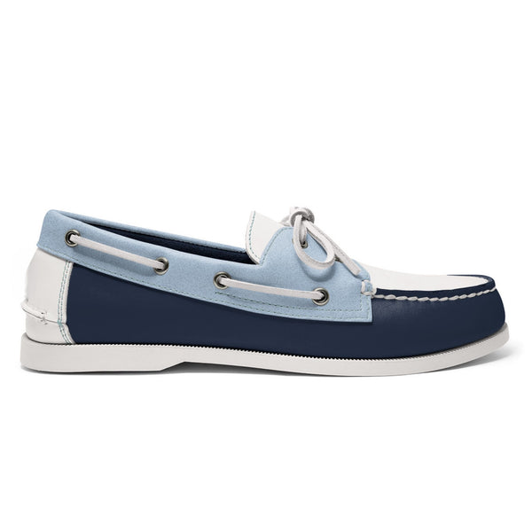 quoddy Men’s 2 Eyelet LE Boat Shoe: Navy/White/Lt Blue