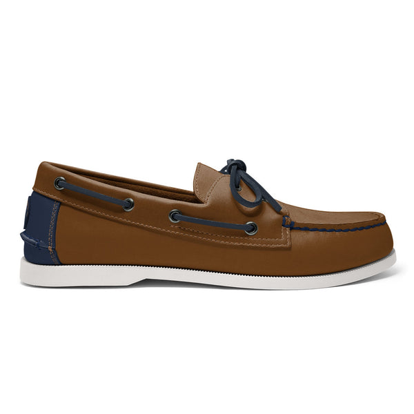 quoddy Men’s 2 Eyelet LE Boat Shoe: Brown/Navy