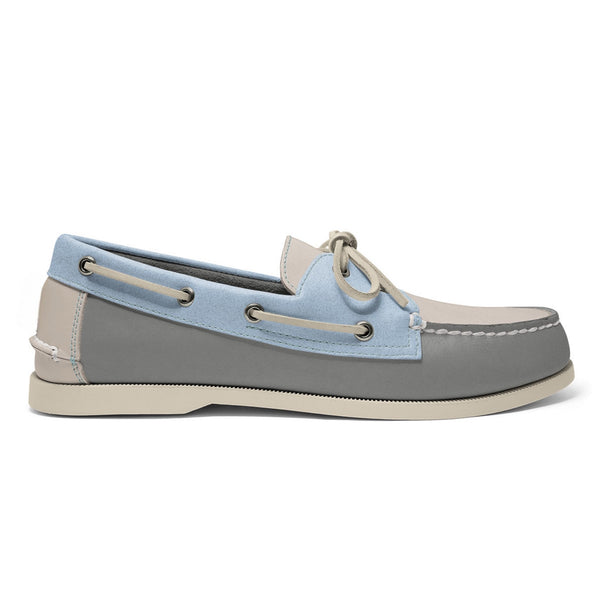 quoddy Men’s 2 Eyelet LE Boat Shoe: Grey/Light Blue