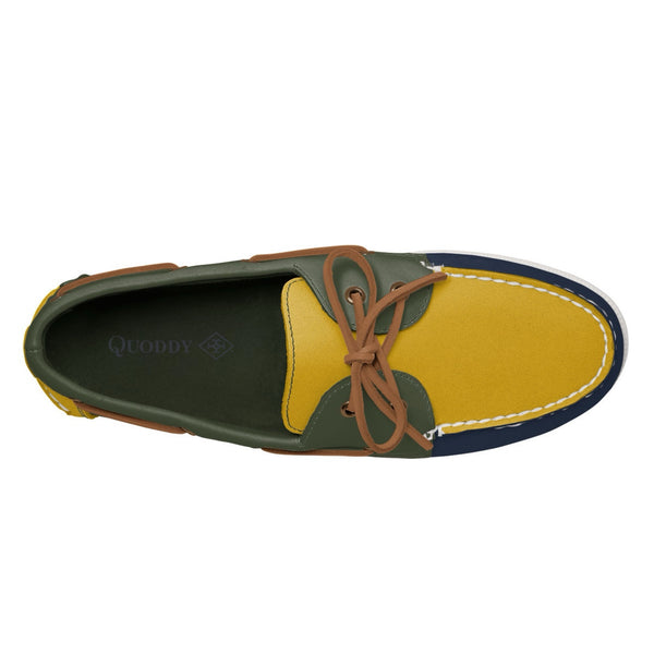 Quoddy Men’s 2 Eyelet LE Boat Shoe: Navy/Gold/Green