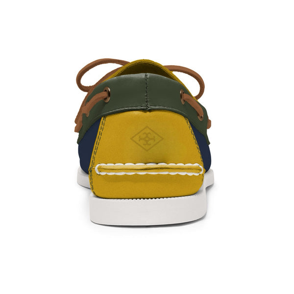 Quoddy Men’s 2 Eyelet LE Boat Shoe: Navy/Gold/Green
