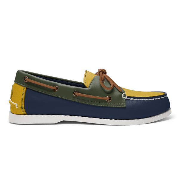 quoddy Men’s 2 Eyelet LE Boat Shoe: Navy/Gold/Green