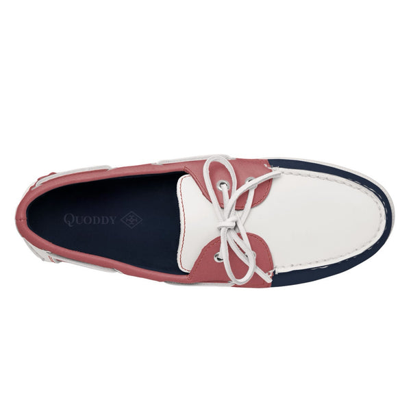 Quoddy Men’s 2 Eyelet LE Boat Shoe: Navy/White/Pink