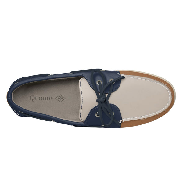 Quoddy Men’s 2 Eyelet LE Boat Shoe: Tan/Ivory/Navy