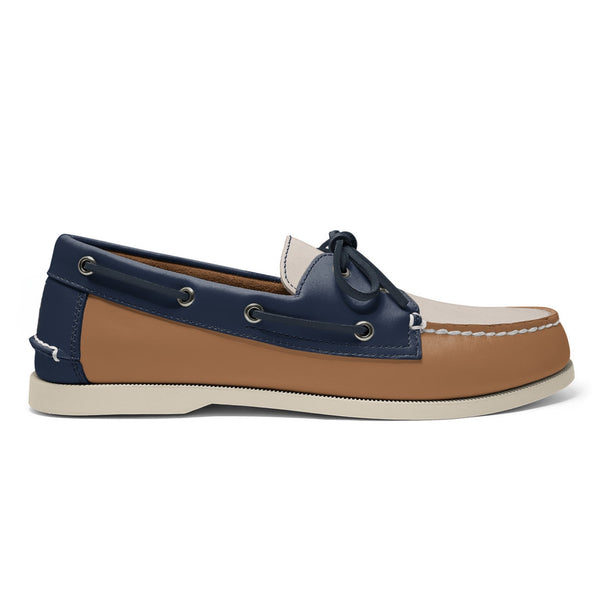 quoddy Men’s 2 Eyelet LE Boat Shoe: Tan/Ivory/Navy