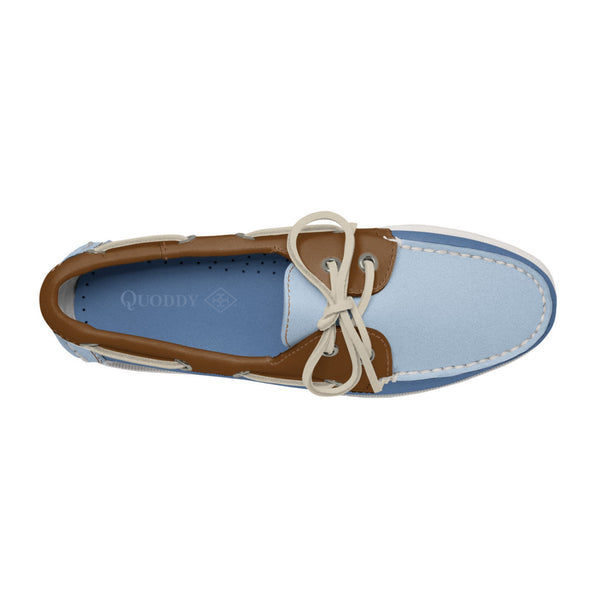 Quoddy Women's 2 Eyelet LE Boat Shoe: Blue/Light Blue/Brown