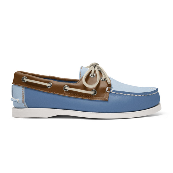quoddy Women's 2 Eyelet LE Boat Shoe: Blue/Light Blue/Brown