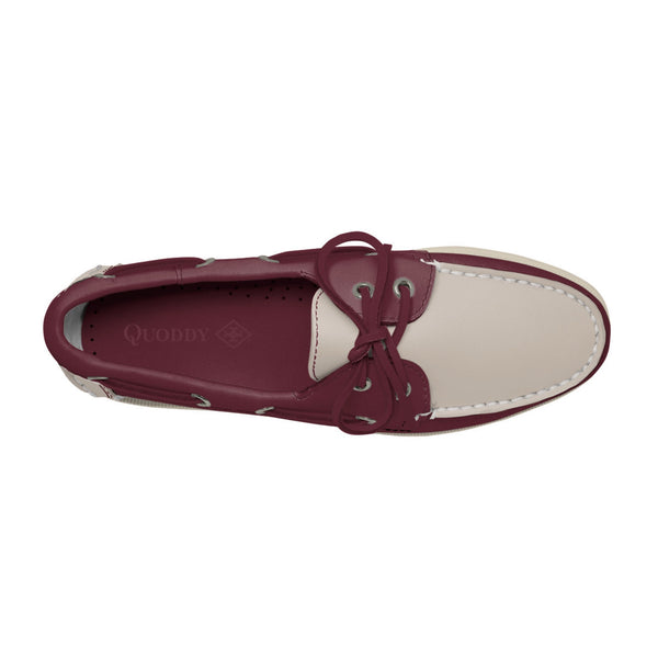 Quoddy Women's 2 Eyelet LE Boat Shoe: Burgundy/Ivory