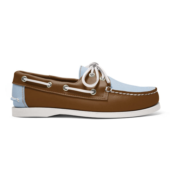 quoddy Women's 2 Eyelet LE Boat Shoe: Light Brown/Light Blue