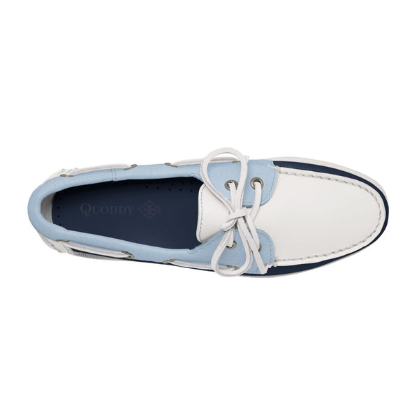 Quoddy Women's 2 Eyelet LE Boat Shoe: Navy/White/Lt. Blue