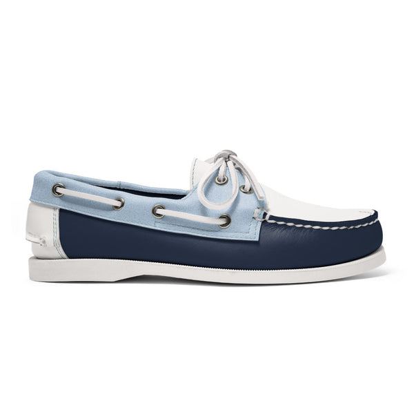 quoddy Women's 2 Eyelet LE Boat Shoe: Navy/White/Lt. Blue