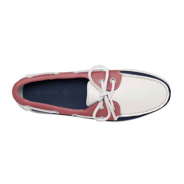 Quoddy Women's 2 Eyelet LE Boat Shoe: Navy/White/Pink