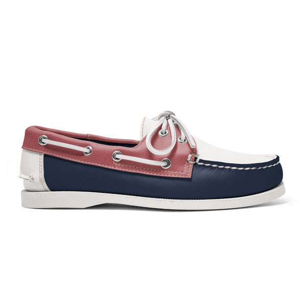quoddy Women's 2 Eyelet LE Boat Shoe: Navy/White/Pink