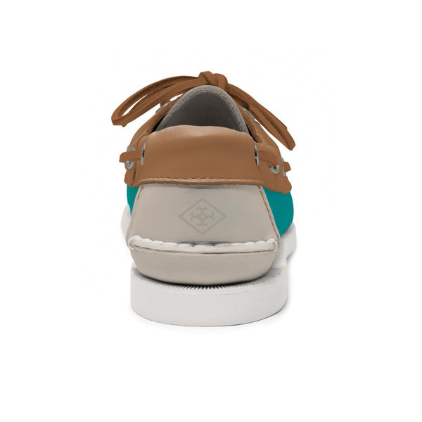 Quoddy Women's 2 Eyelet LE Boat Shoe: Turquoise/Ivory/Tan